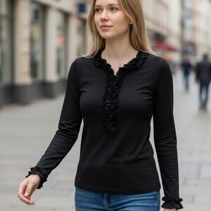 Anne Fontaine Black Ruffled Long Sleeve Top
